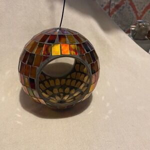 Mosaic Stained Glass Hanging Orb Candle Holder Iridescent Amber Red Boho Decor